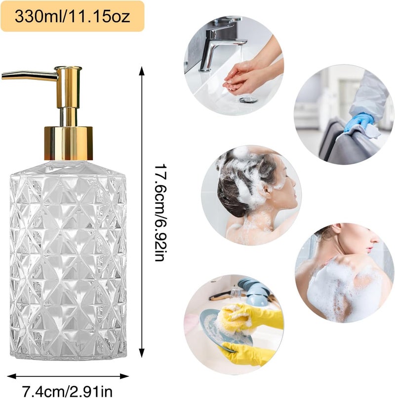 Ulable Clear Glass Soap Dispenser with Gold Plastic Pump, 2 Pack 12oz Diamond Hand Soap Dispenser, Refillable Lotion Dispenser & Dish Bathroom Dispenser for Liquid, Shower Gel - Image 2